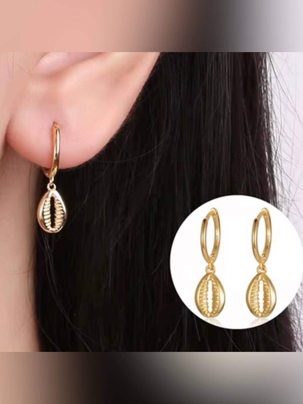 Gold Cowrie Hoop Earrings - Picture 4 of 5